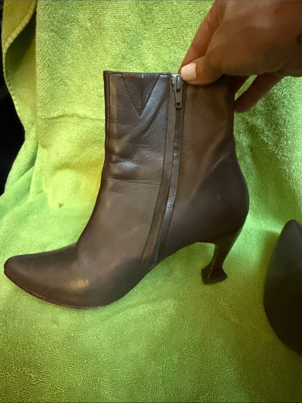 John Fluevog Dark Brown Pointed Toe Leather Ankle Boots